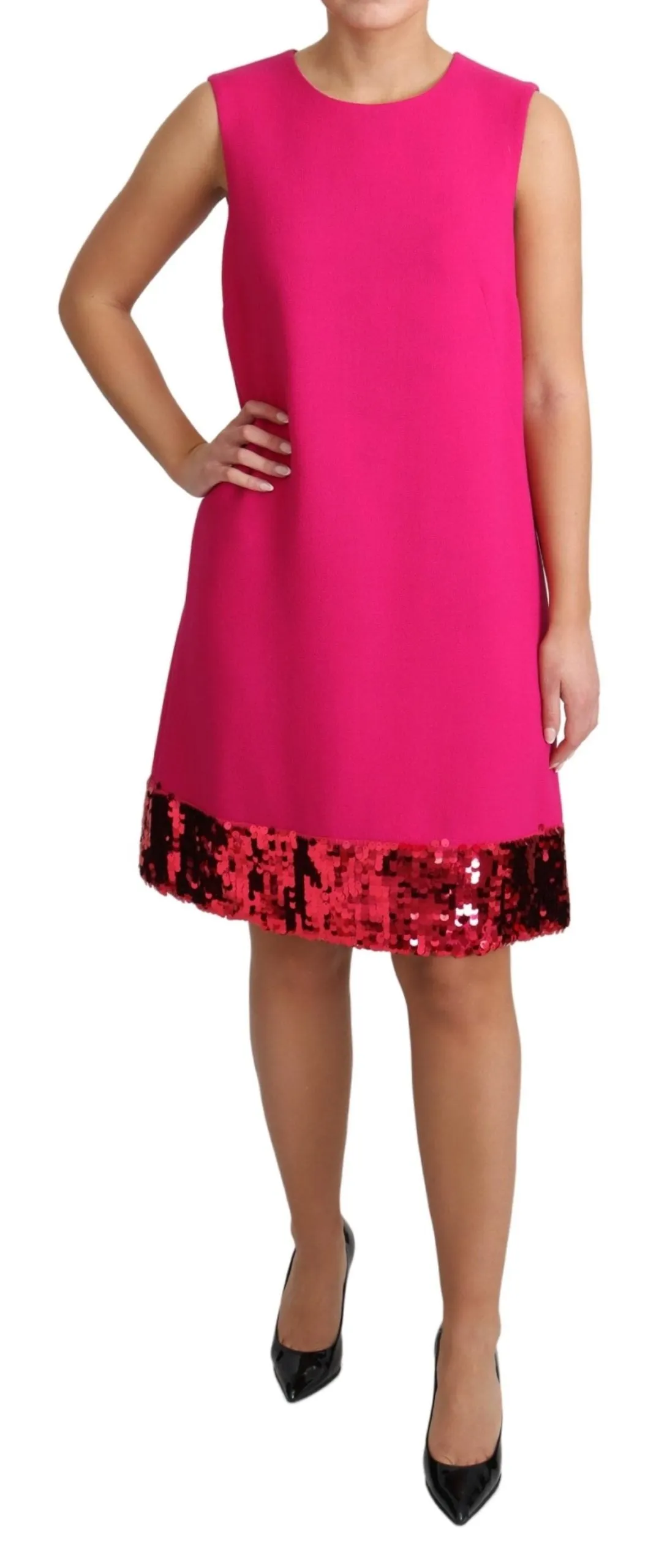 Dolce & Gabbana Fuchsia Wool Sequin Shift Sleeveless Dress