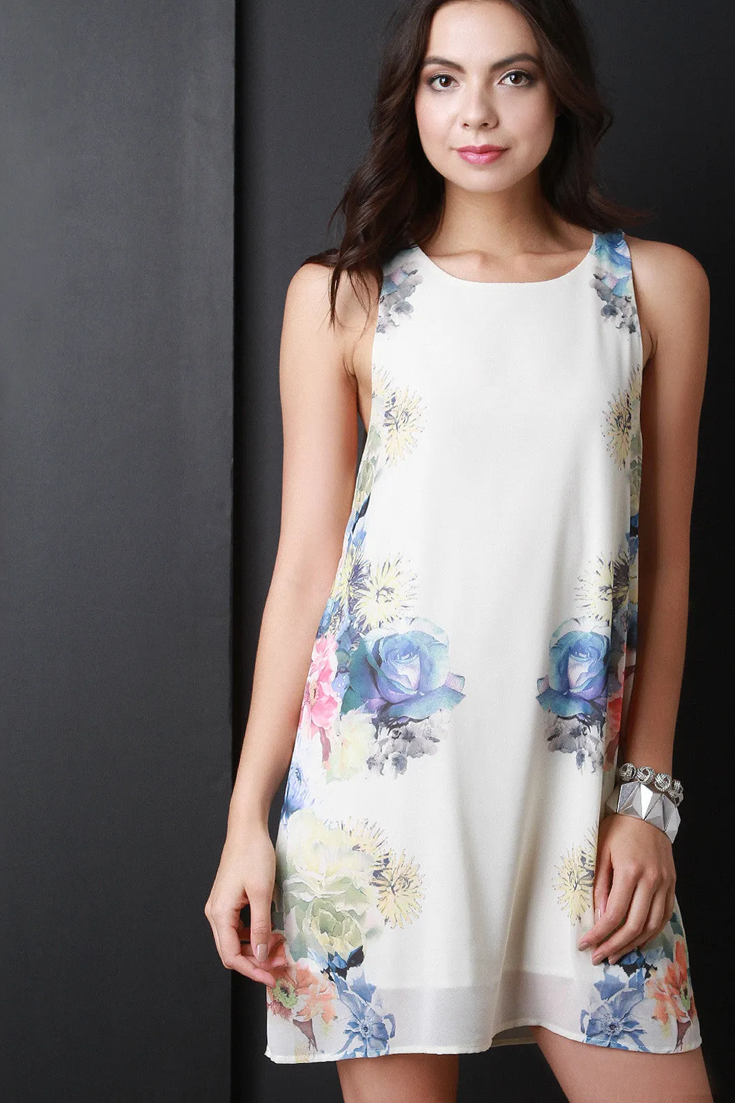 Engineered Floral Print Sleeveless Shift Dress