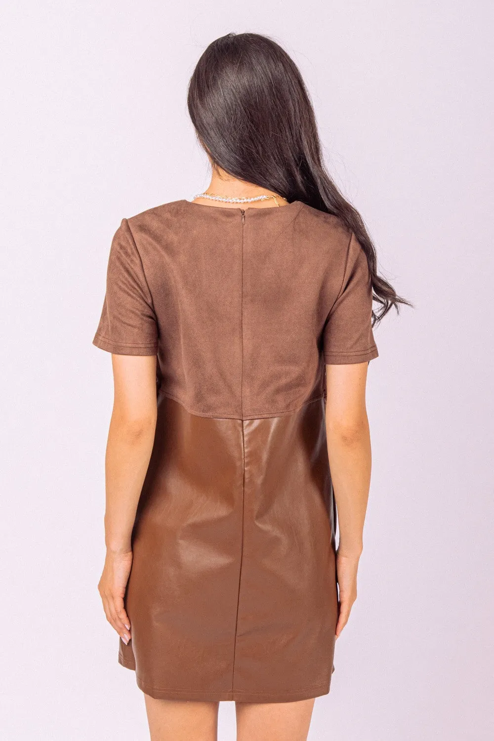 Espresso Waist Embroidered Suede & Leather Mini Dress