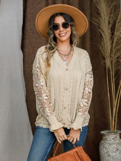 Eyelet Button Up Lantern Sleeve Cardigan