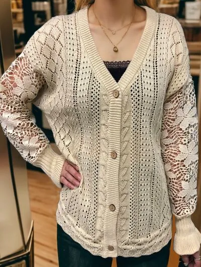 Eyelet Button Up Lantern Sleeve Cardigan