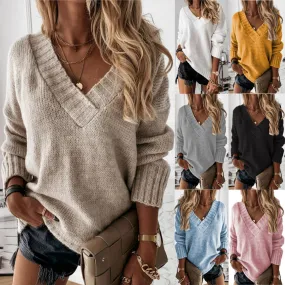 Fashion Women's Wear Solid Street Hipster Color Sweater V-neck Long Sleeve Pullover Top