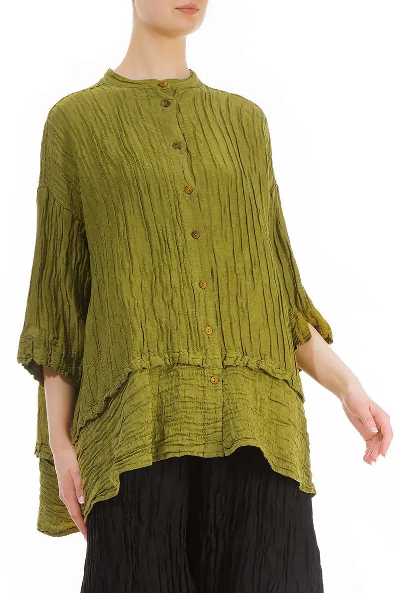 Flared Crinkled Golden Lime Silk Shirt