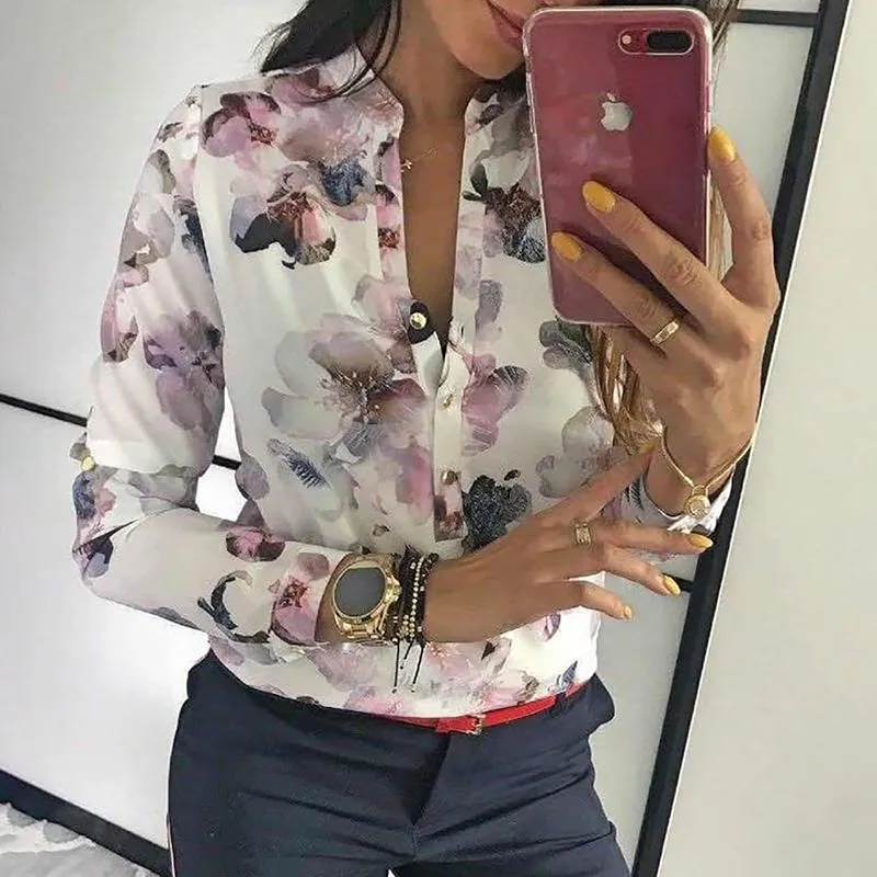 Floral Print Long Sleeve Button Up Blouse