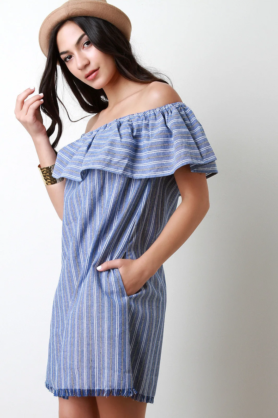 Frayed Off The Shoulder Shift Dress