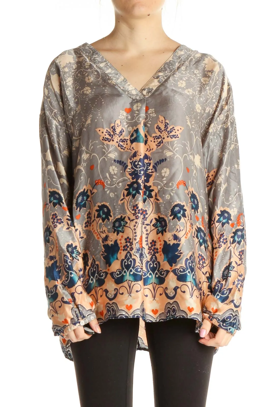 Gray Printed Bohemian Silk Blouse