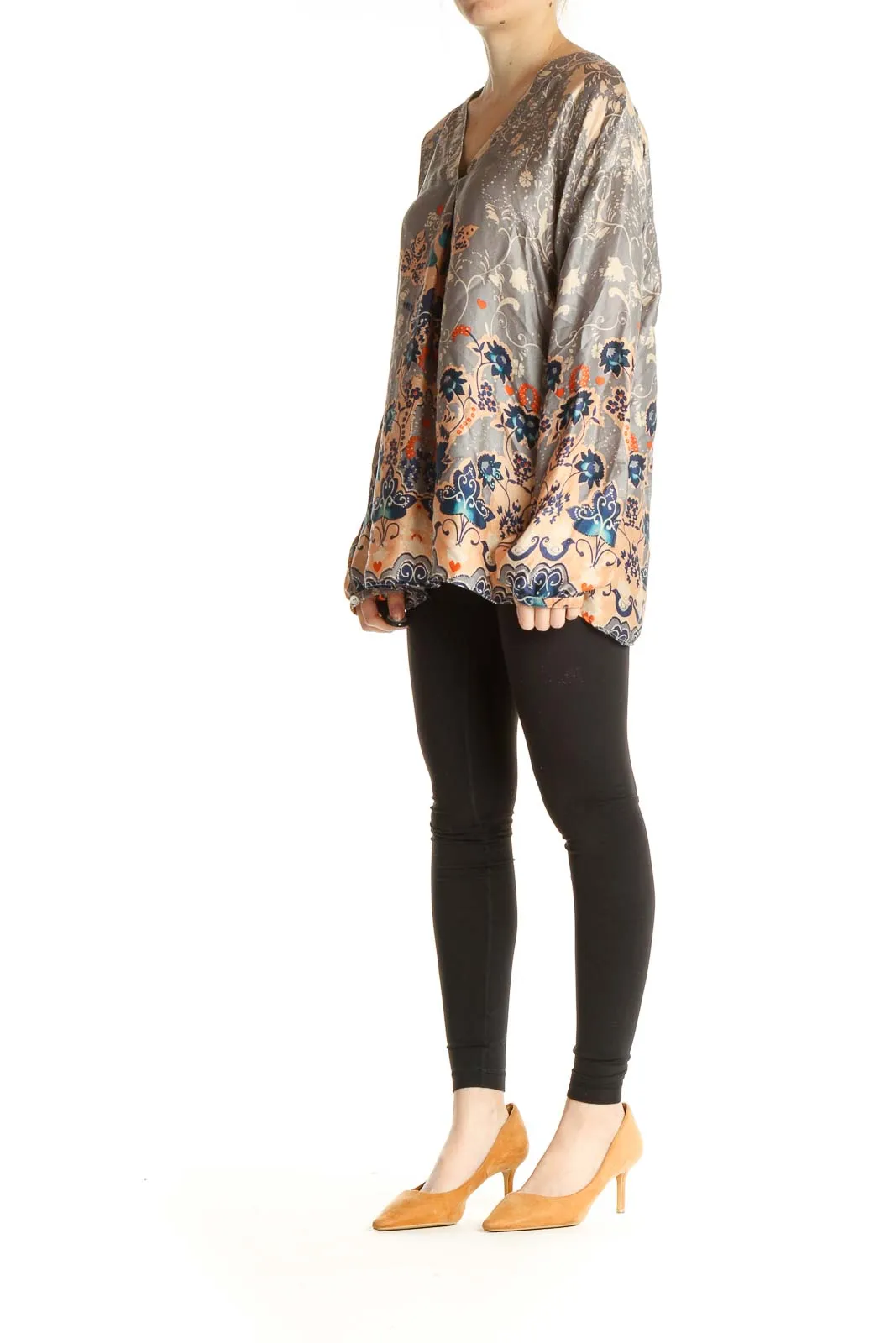 Gray Printed Bohemian Silk Blouse