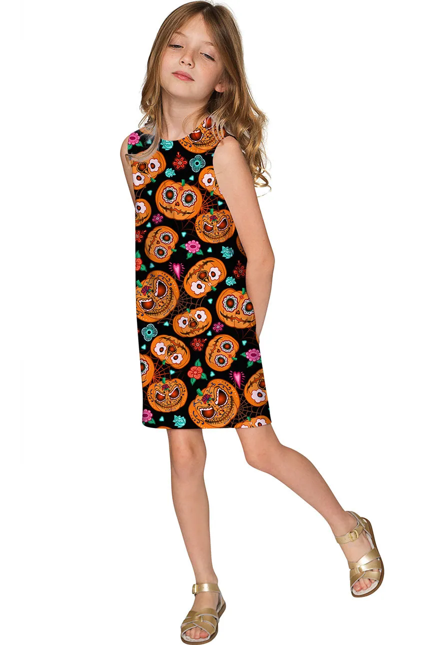 Halloweird Adele Orange Black Pumpkin Skull Print Shift Dress - Girls