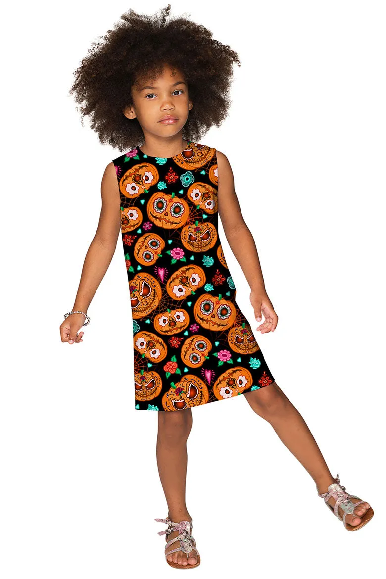 Halloweird Adele Orange Black Pumpkin Skull Print Shift Dress - Girls