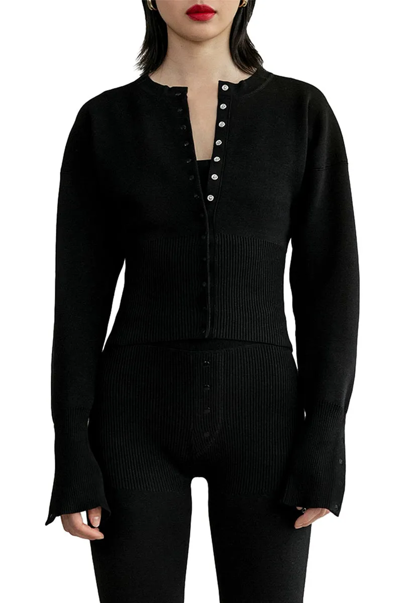 HWR1282 Ribbed V-Neck Snap Cardigan