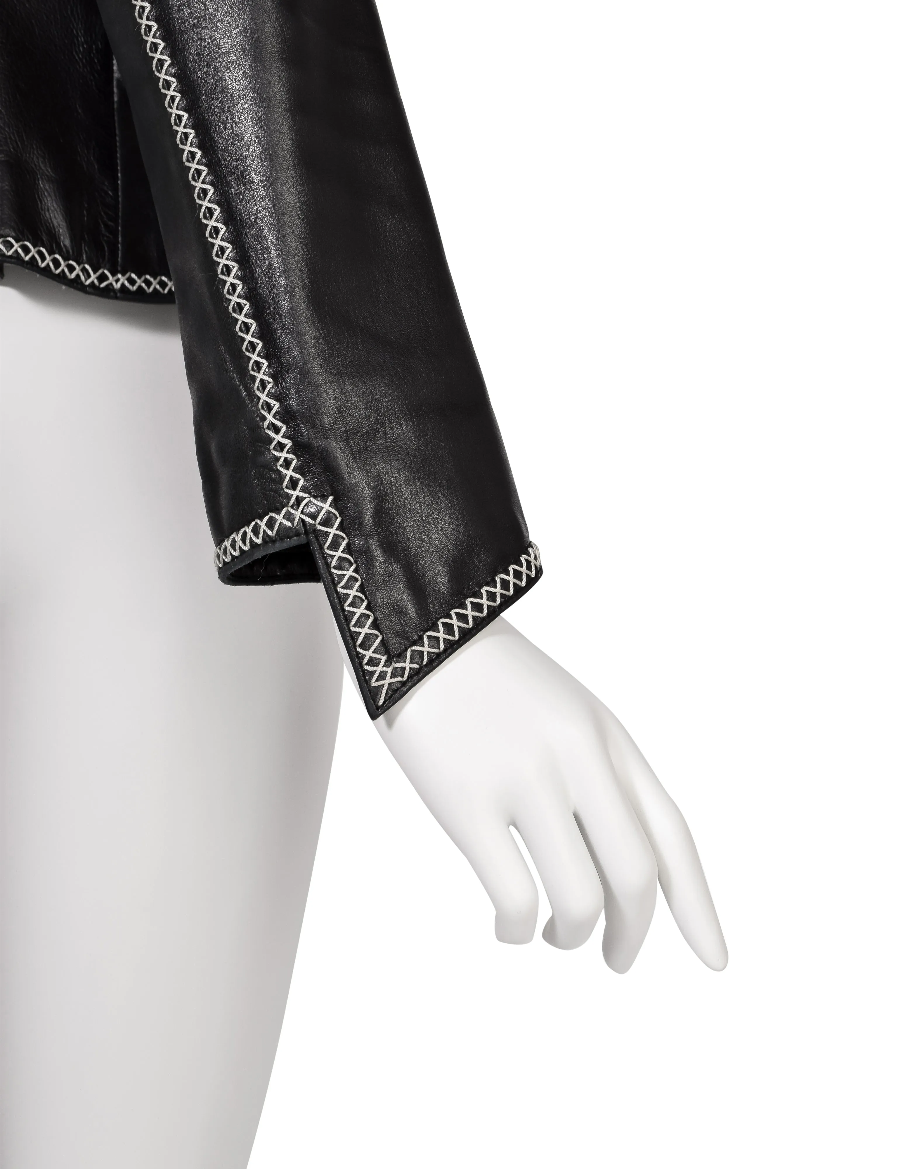 Karl Lagerfeld Vintage AW 1992 Black Lambskin Leather White Stitches Fitted Jacket