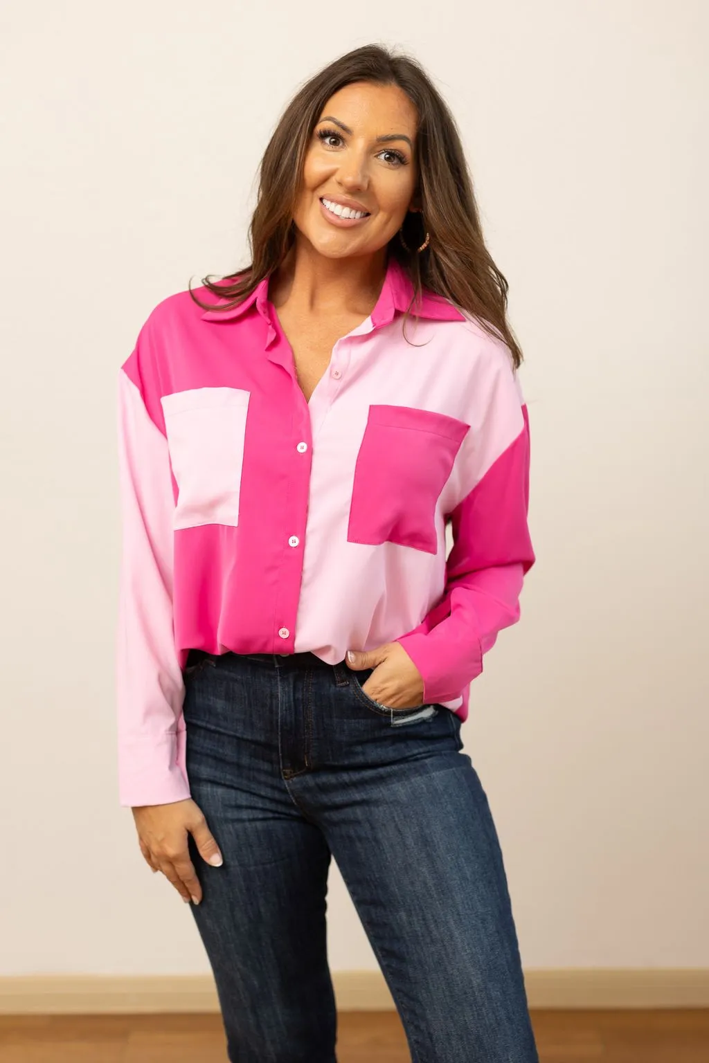 Kathryn Classic Button-Up, Pink Color-Blocked