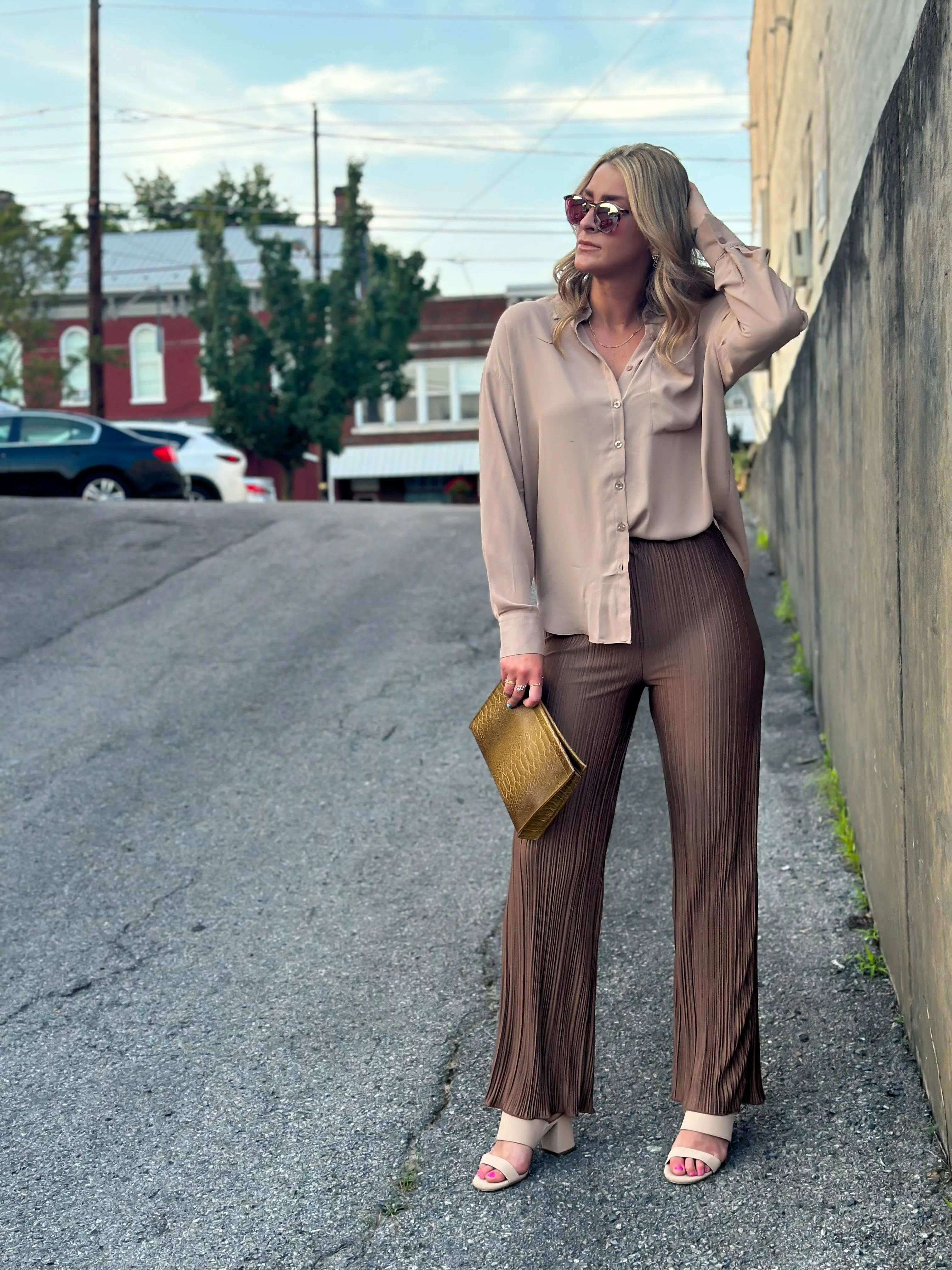 Khaki Classic Lightweight Button Up Blouse Top