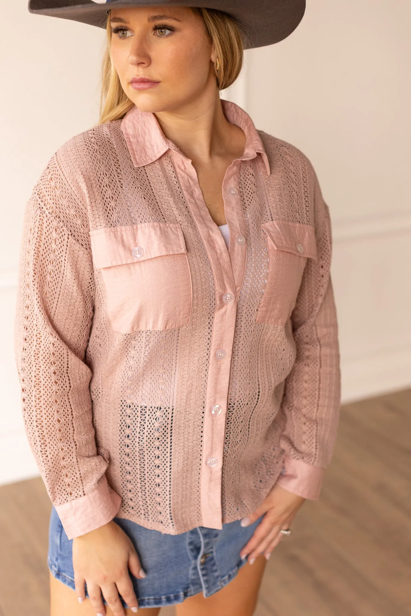 Lace Button Up, Pink