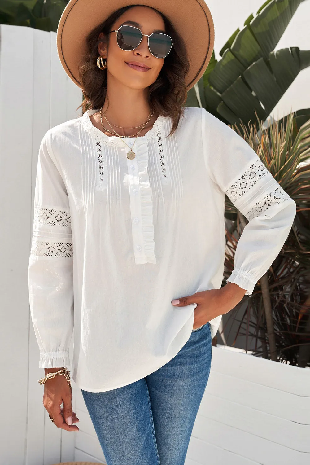 Lace Crochet Button-up Long Sleeve Shirt