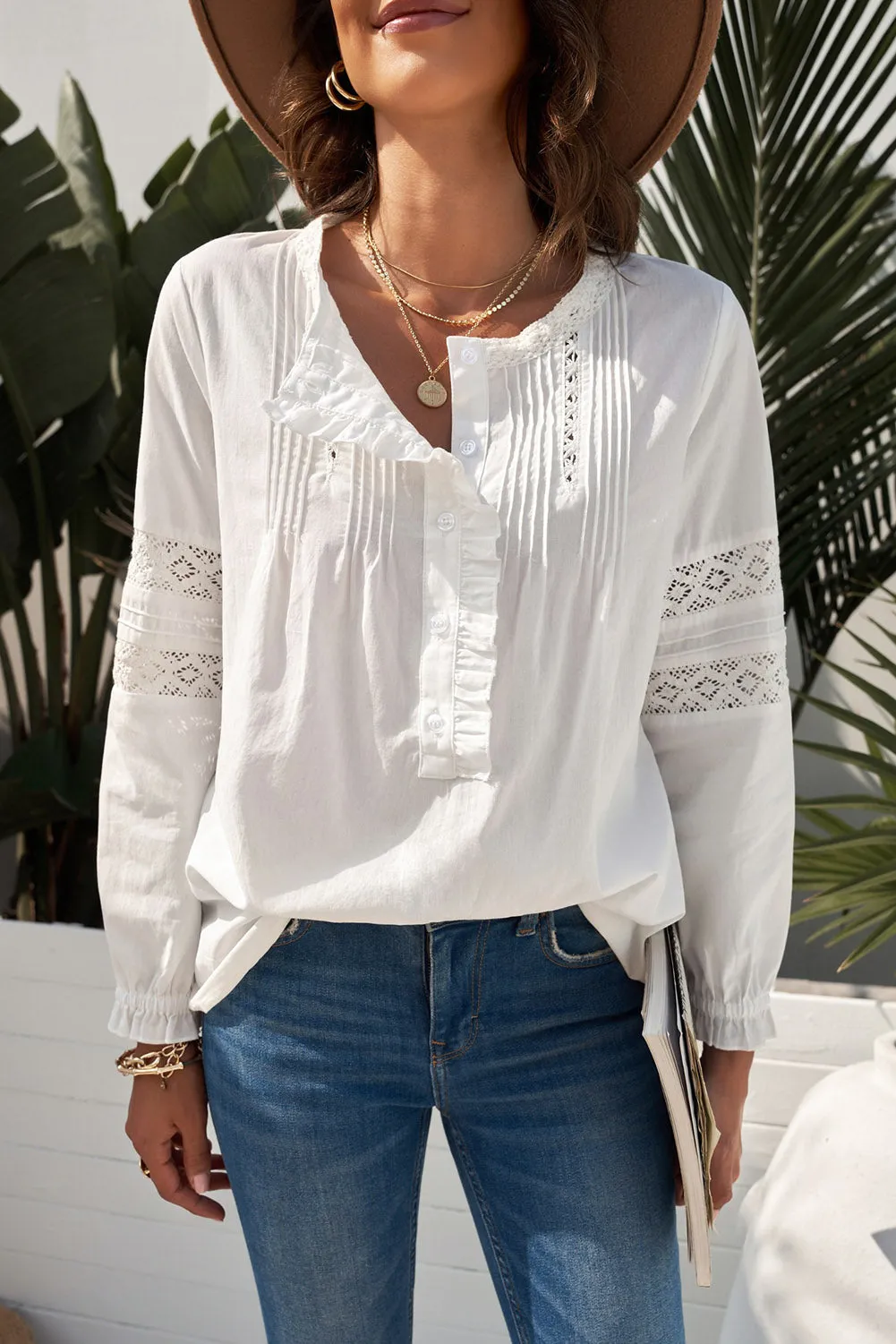 Lace Crochet Button-up Long Sleeve Shirt