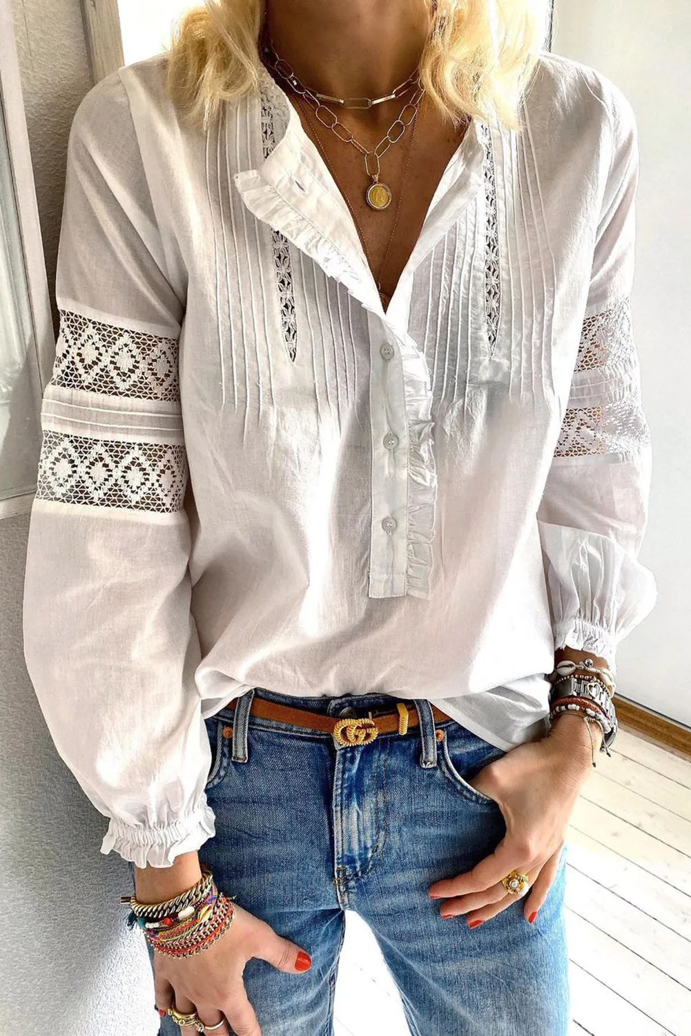 Lace Crochet Button-up Long Sleeve Shirt