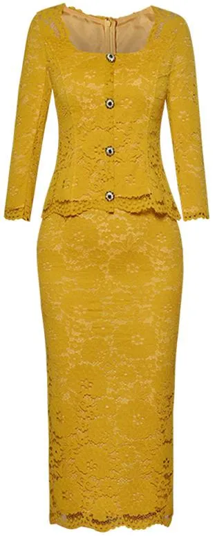 Lace Midi Pencil Dress, Yellow