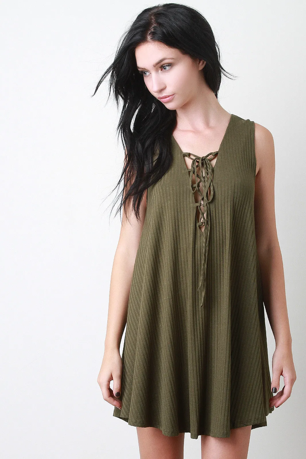 Lace Up Ribbed Sleeveless Shift Dress