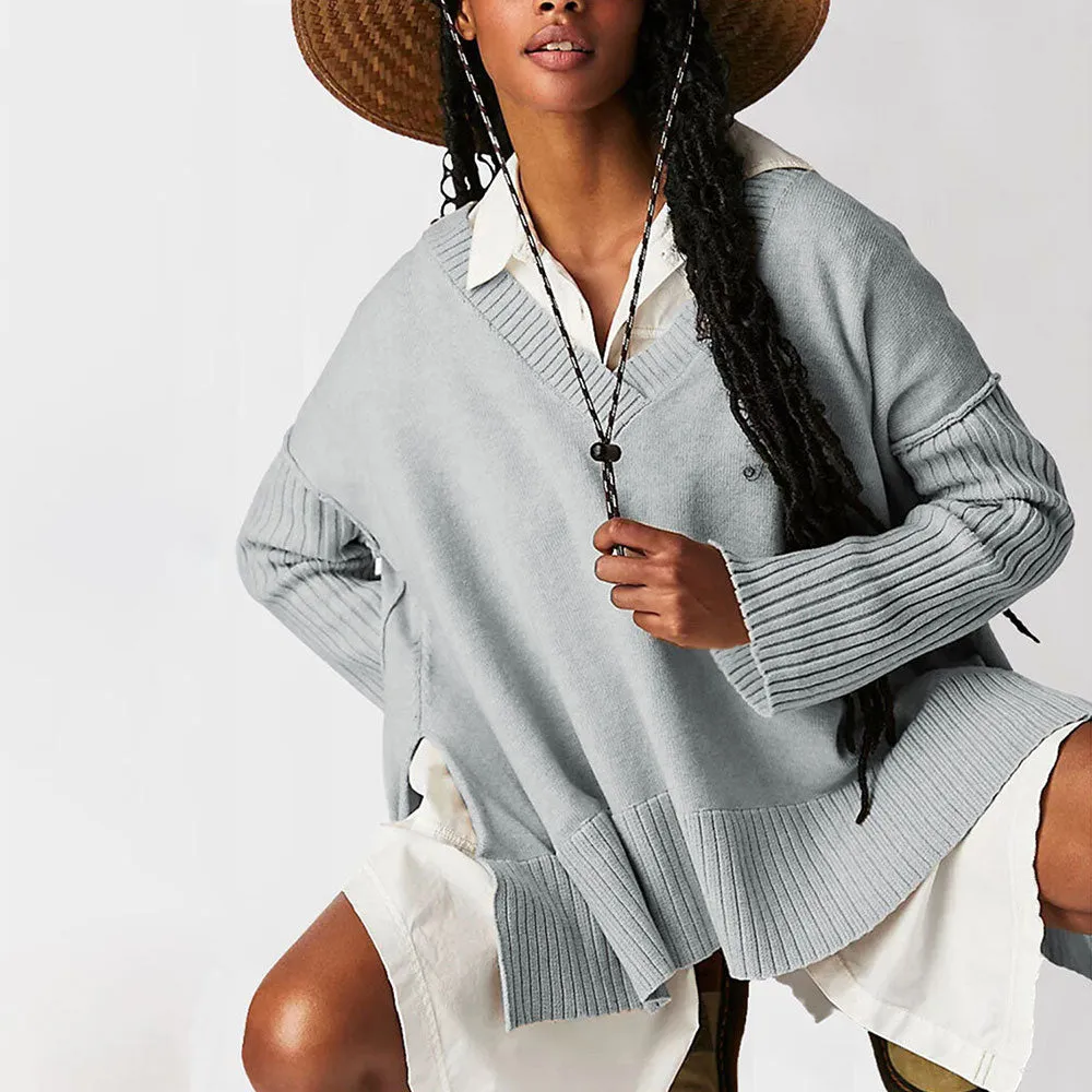 Leisure Ribbed Knit V Neck Inside Out Long Sleeve Split Oversized Sweater