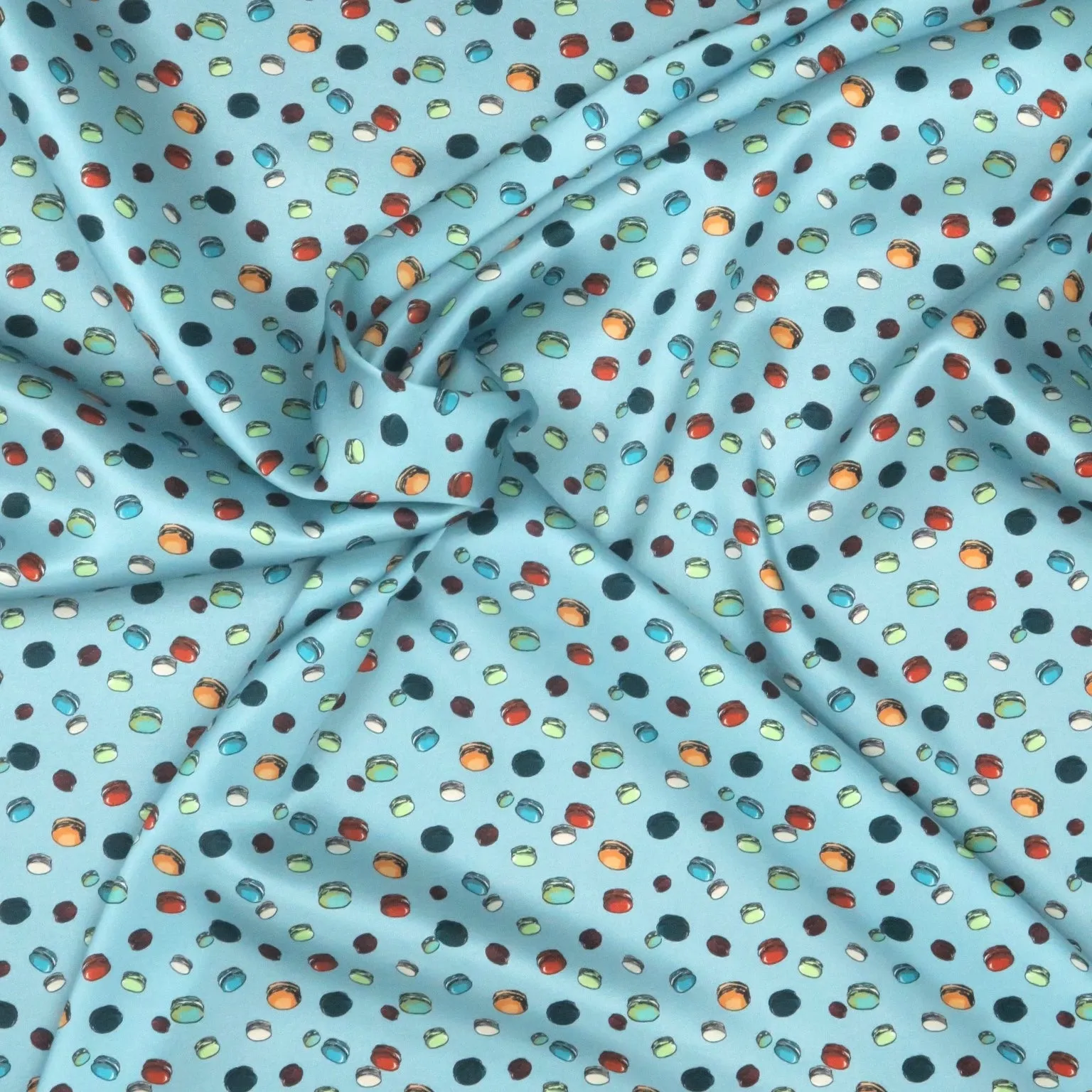 Light Blue Background with Macarons Print Stretch Printed Satin Silk Fabric