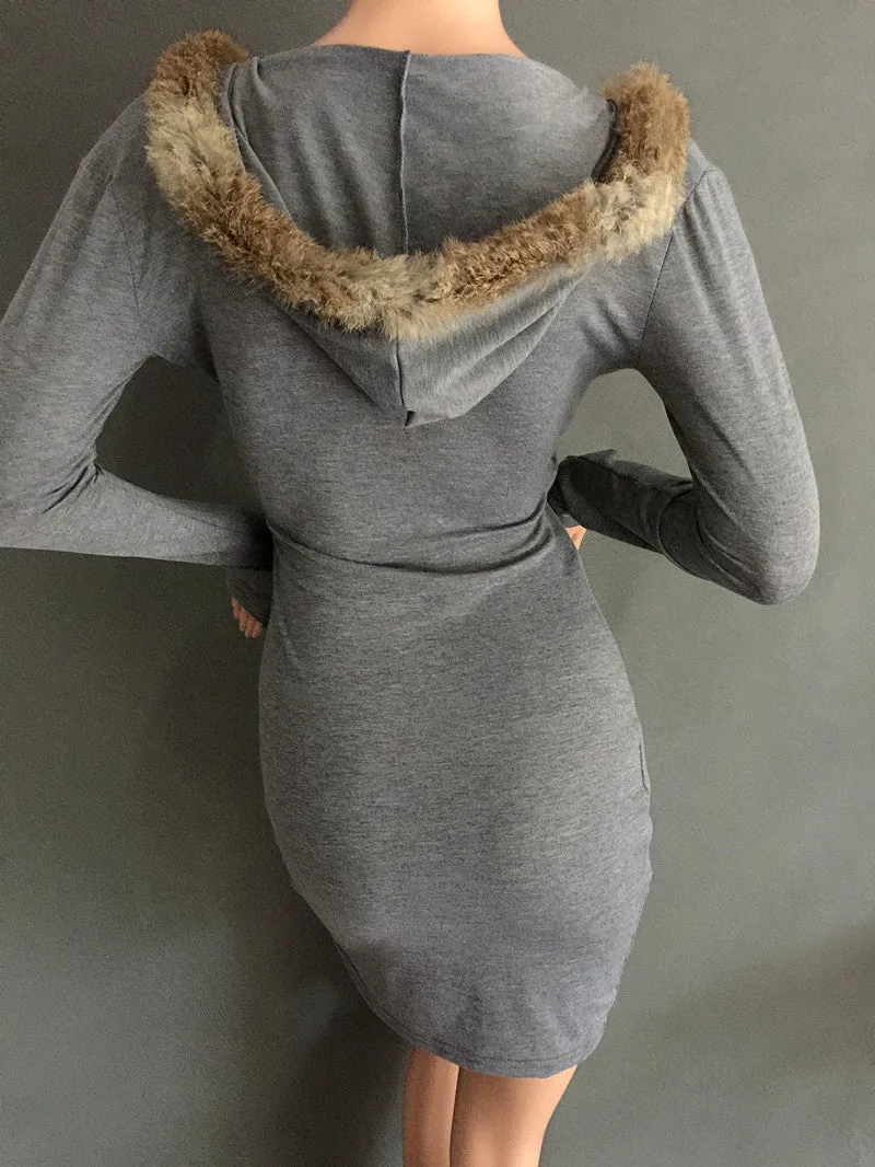 Long Sleeve V-Neck Women's Dress With Hood