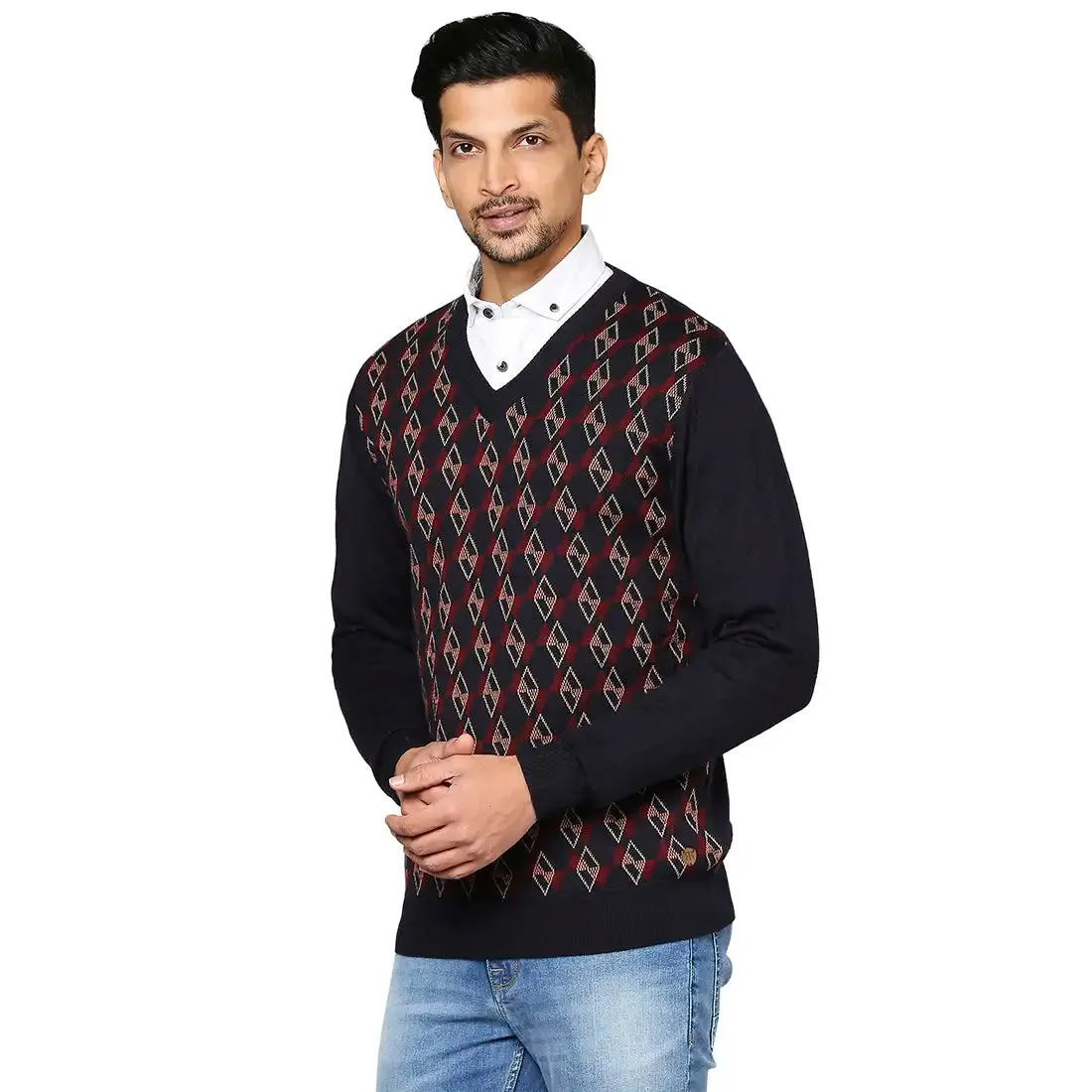 Men Blue Argyle Wool Blend Full Sleeve V Neck Collar Sweaters