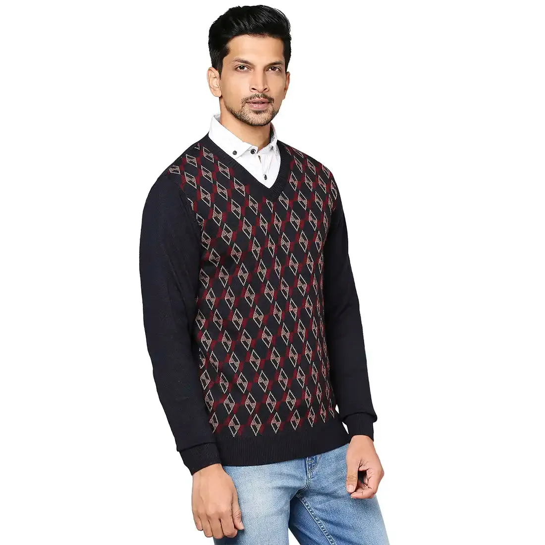 Men Blue Argyle Wool Blend Full Sleeve V Neck Collar Sweaters