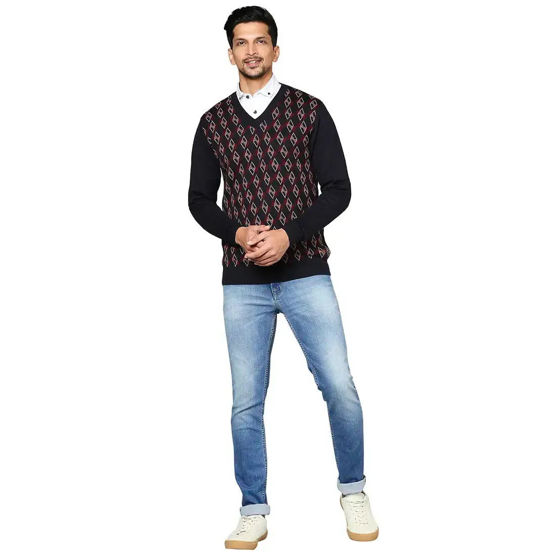 Men Blue Argyle Wool Blend Full Sleeve V Neck Collar Sweaters