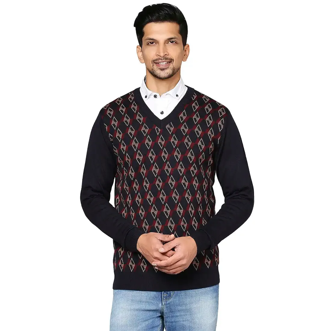 Men Blue Argyle Wool Blend Full Sleeve V Neck Collar Sweaters