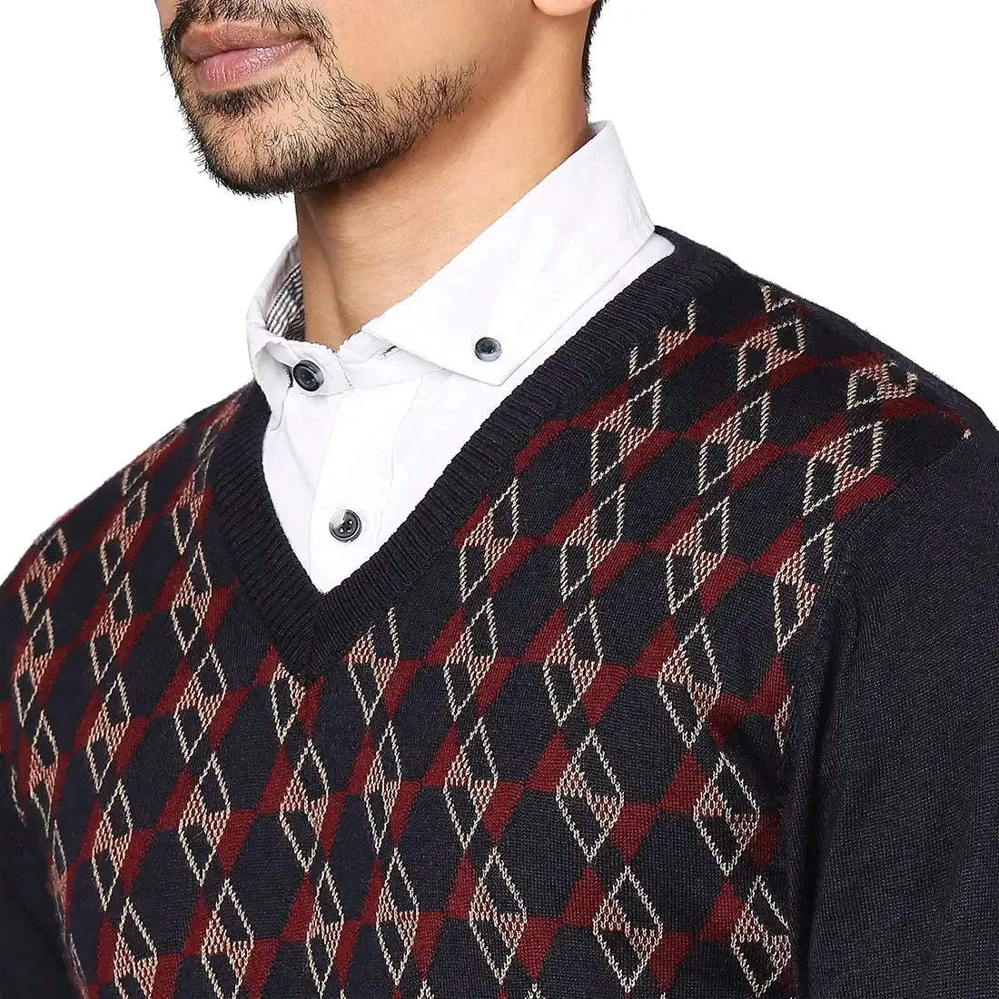 Men Blue Argyle Wool Blend Full Sleeve V Neck Collar Sweaters