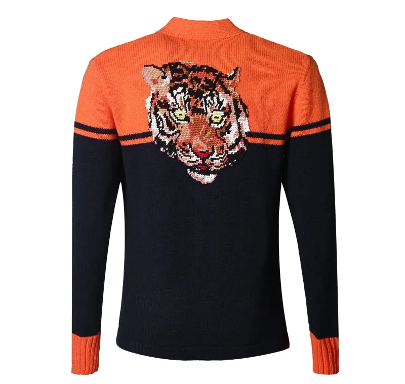 Men's Embroidery Tiger Knitted  Sweater Cardigan