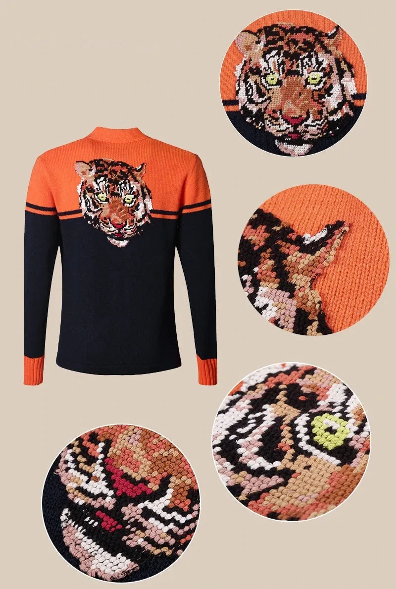 Men's Embroidery Tiger Knitted  Sweater Cardigan