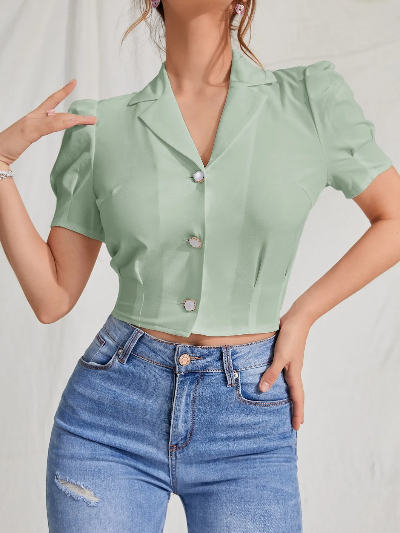 MOD Lapel Collar Puff Sleeve Button Up Blouse