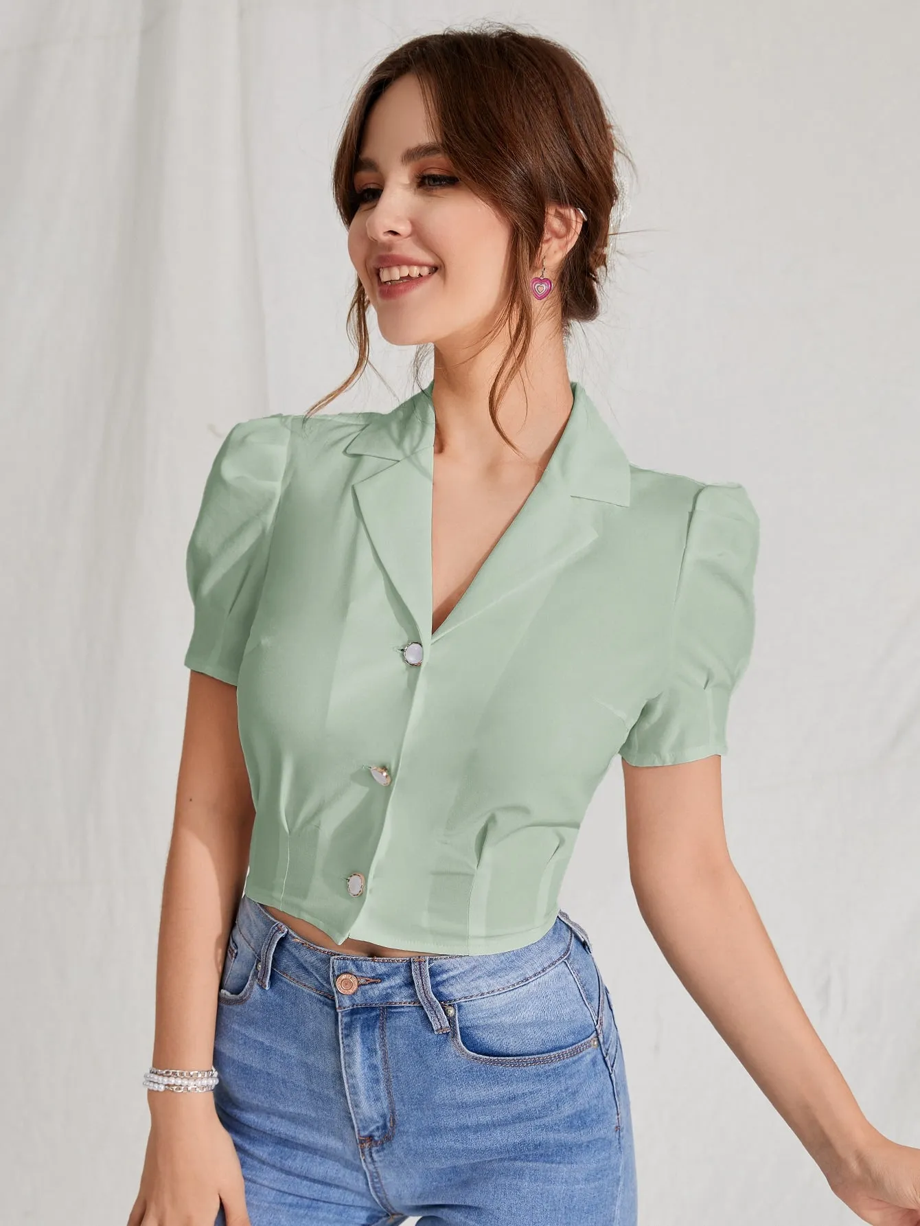 MOD Lapel Collar Puff Sleeve Button Up Blouse