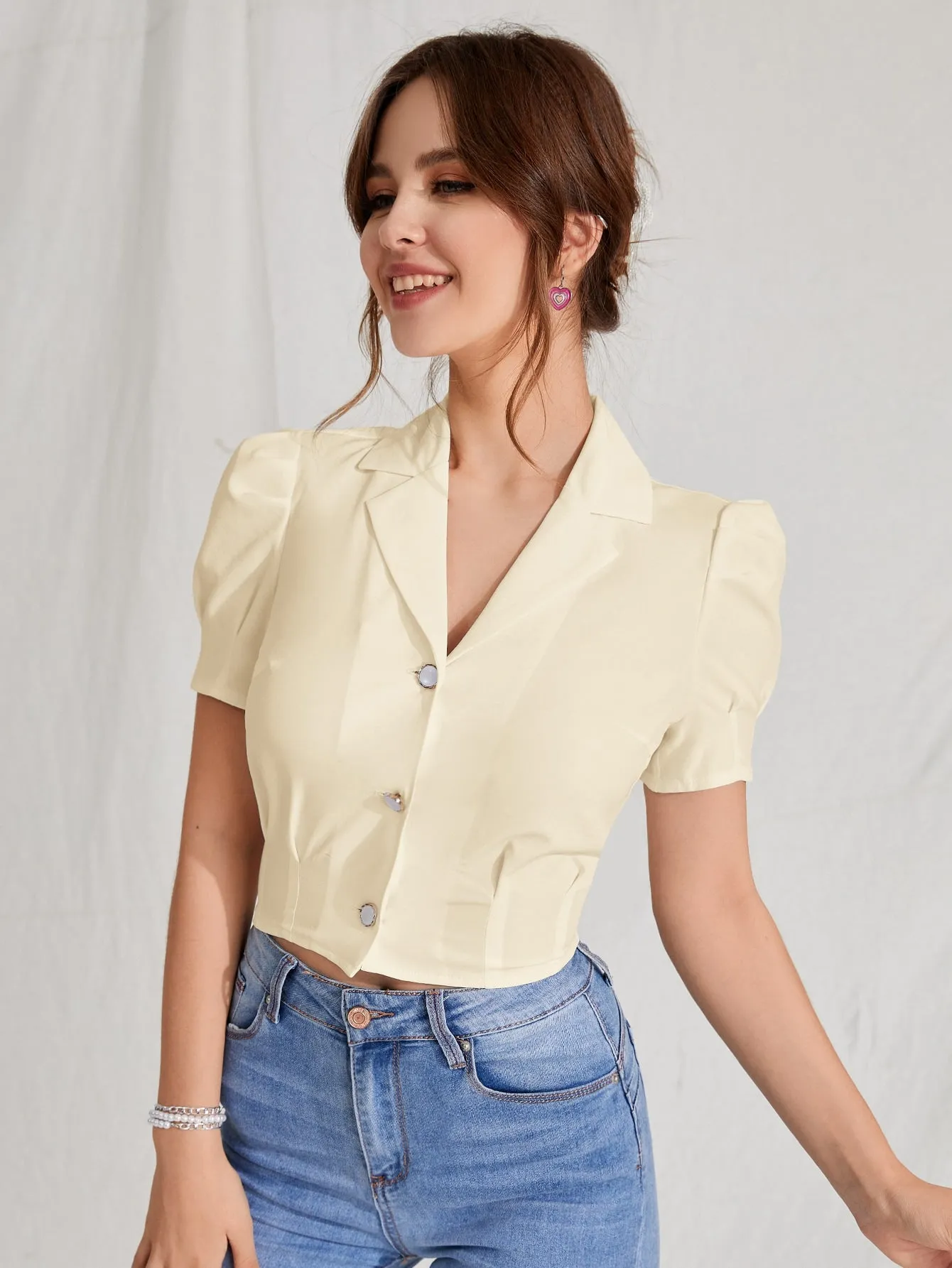 MOD Lapel Collar Puff Sleeve Button Up Blouse