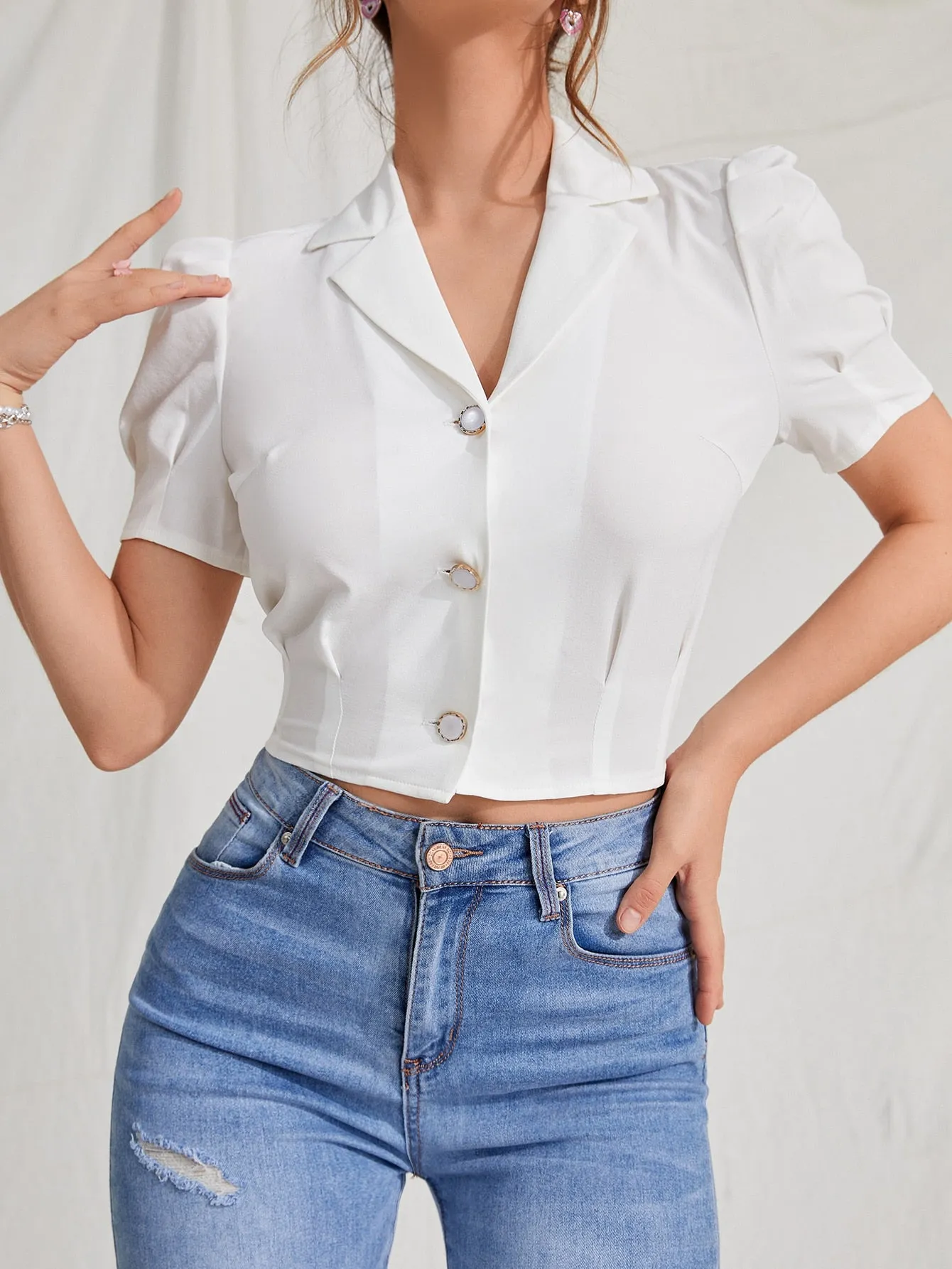 MOD Lapel Collar Puff Sleeve Button Up Blouse