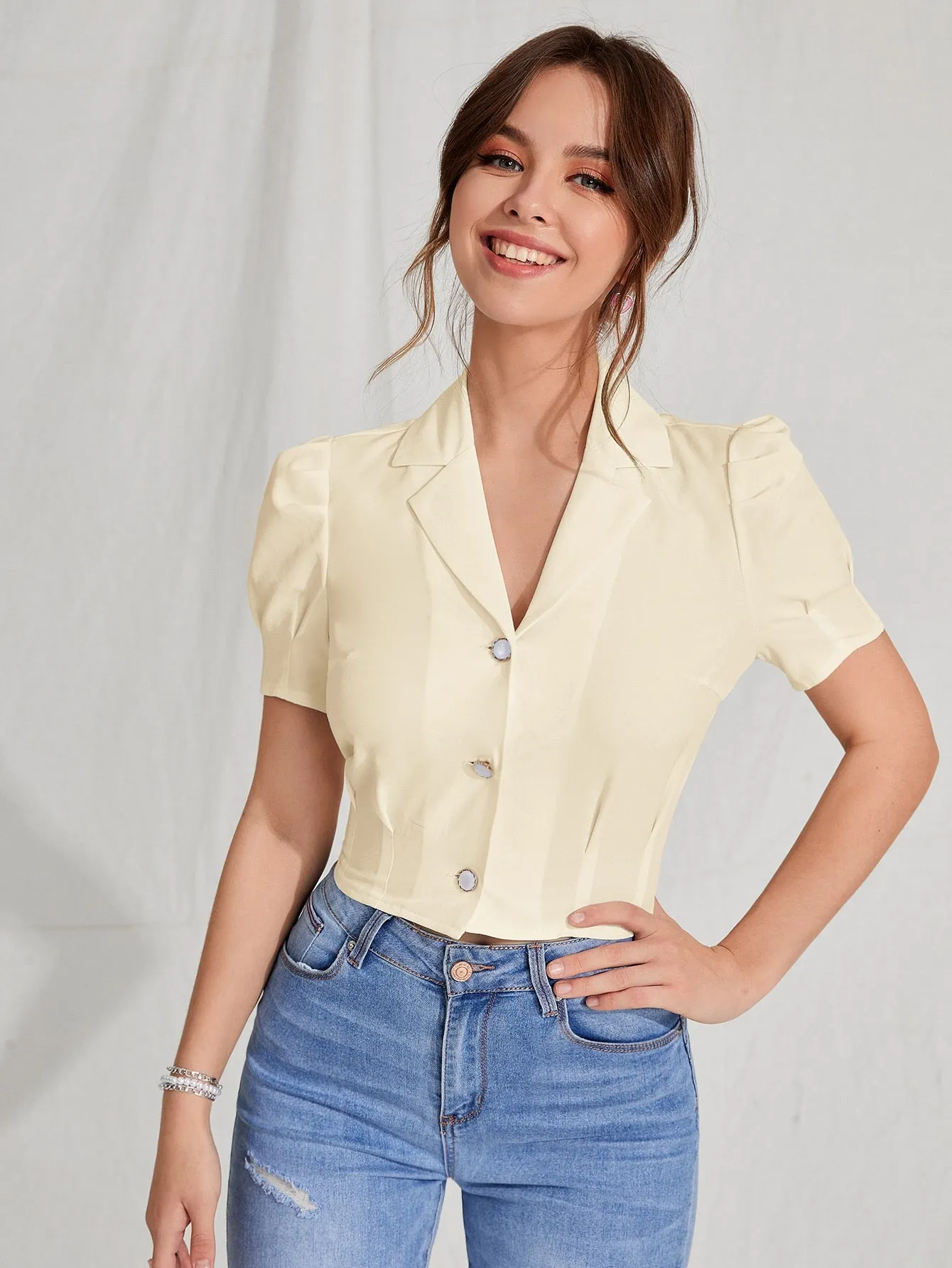 MOD Lapel Collar Puff Sleeve Button Up Blouse