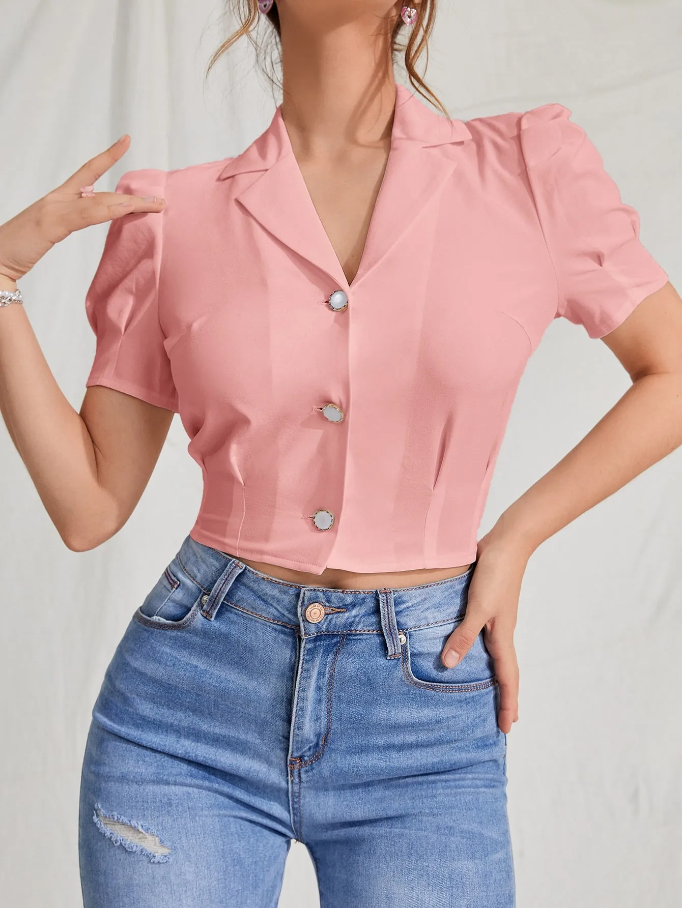 MOD Lapel Collar Puff Sleeve Button Up Blouse