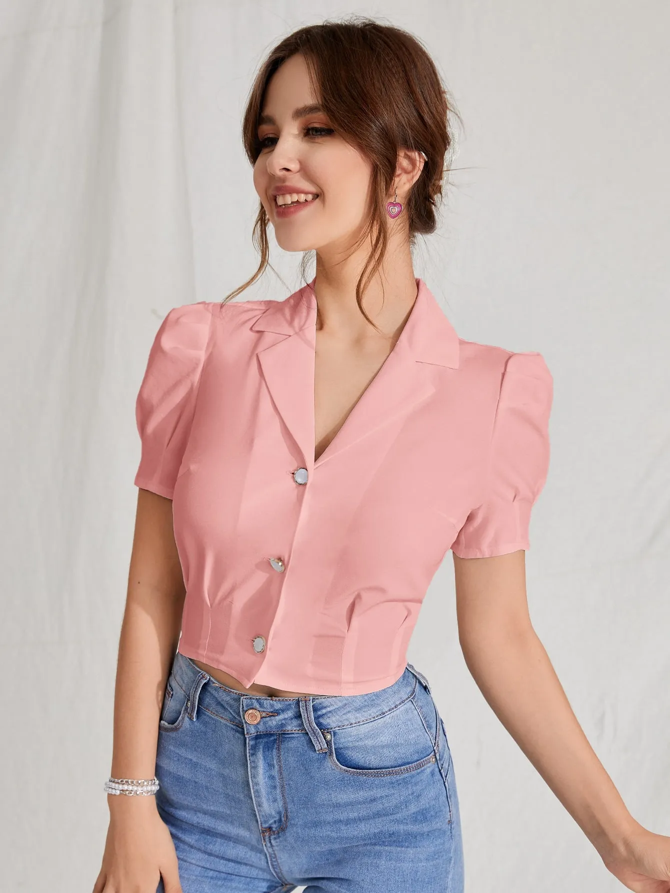 MOD Lapel Collar Puff Sleeve Button Up Blouse