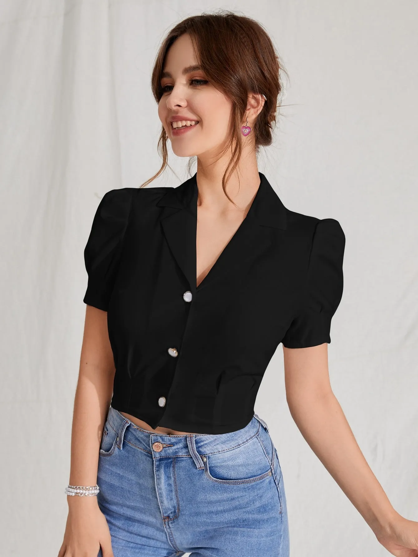 MOD Lapel Collar Puff Sleeve Button Up Blouse