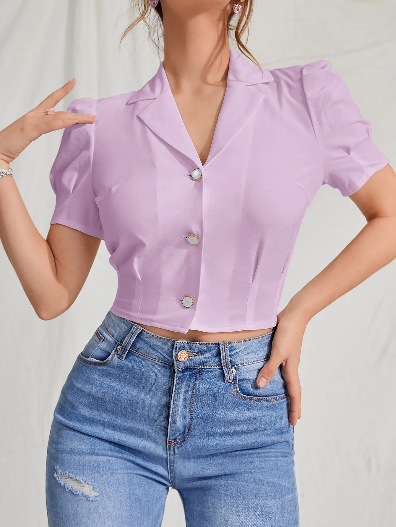 MOD Lapel Collar Puff Sleeve Button Up Blouse