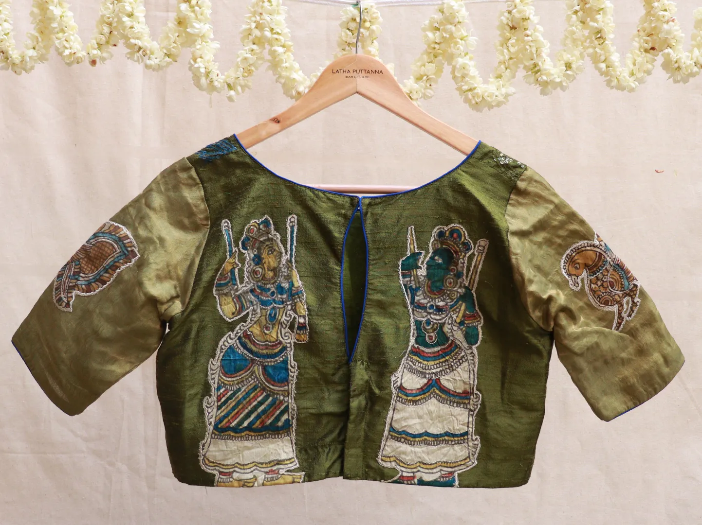 Moss green Raw silk, Kalamkari blouse