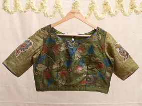 Moss green Raw silk, Kalamkari blouse