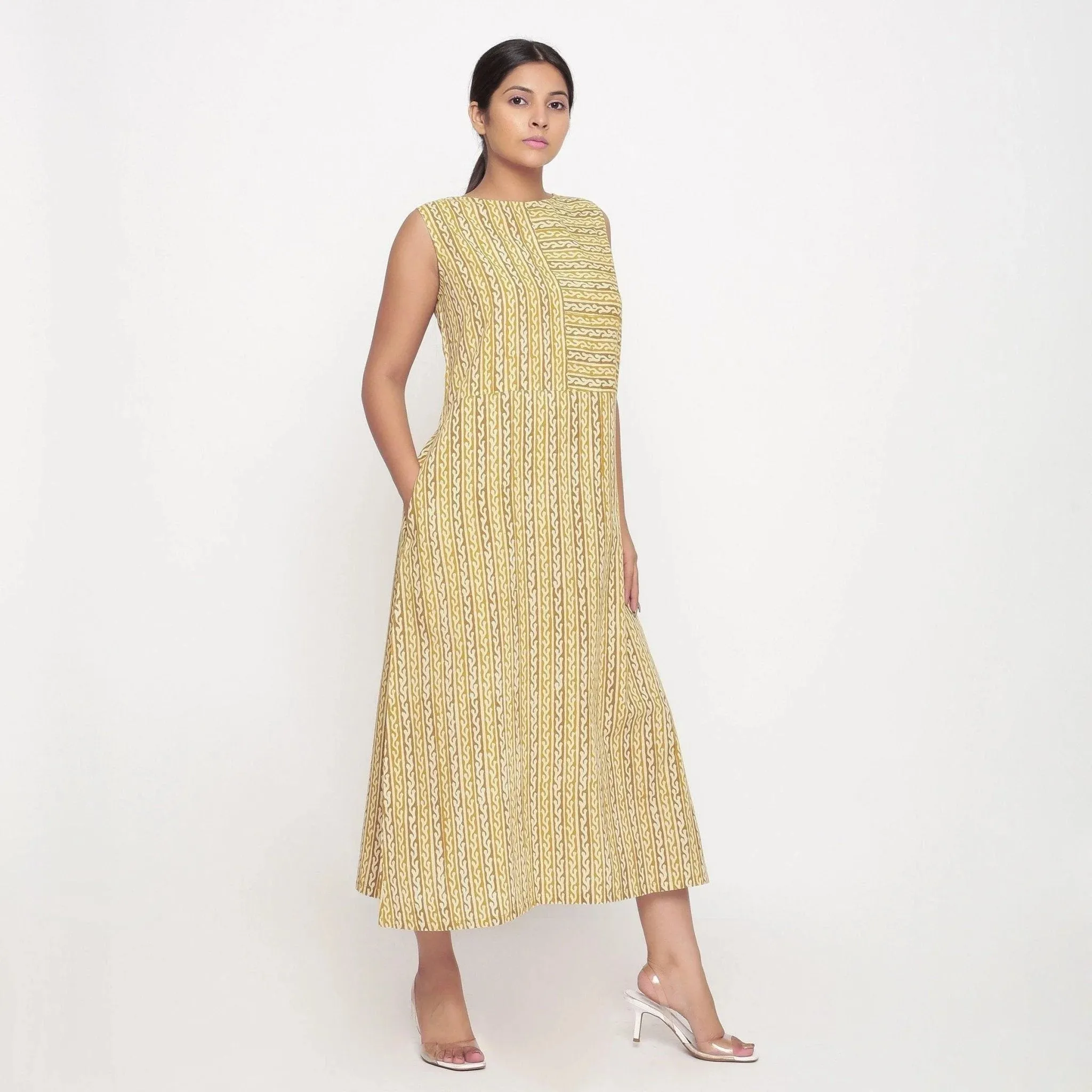 Mustard Block Print Cotton Shift Maxi Dress