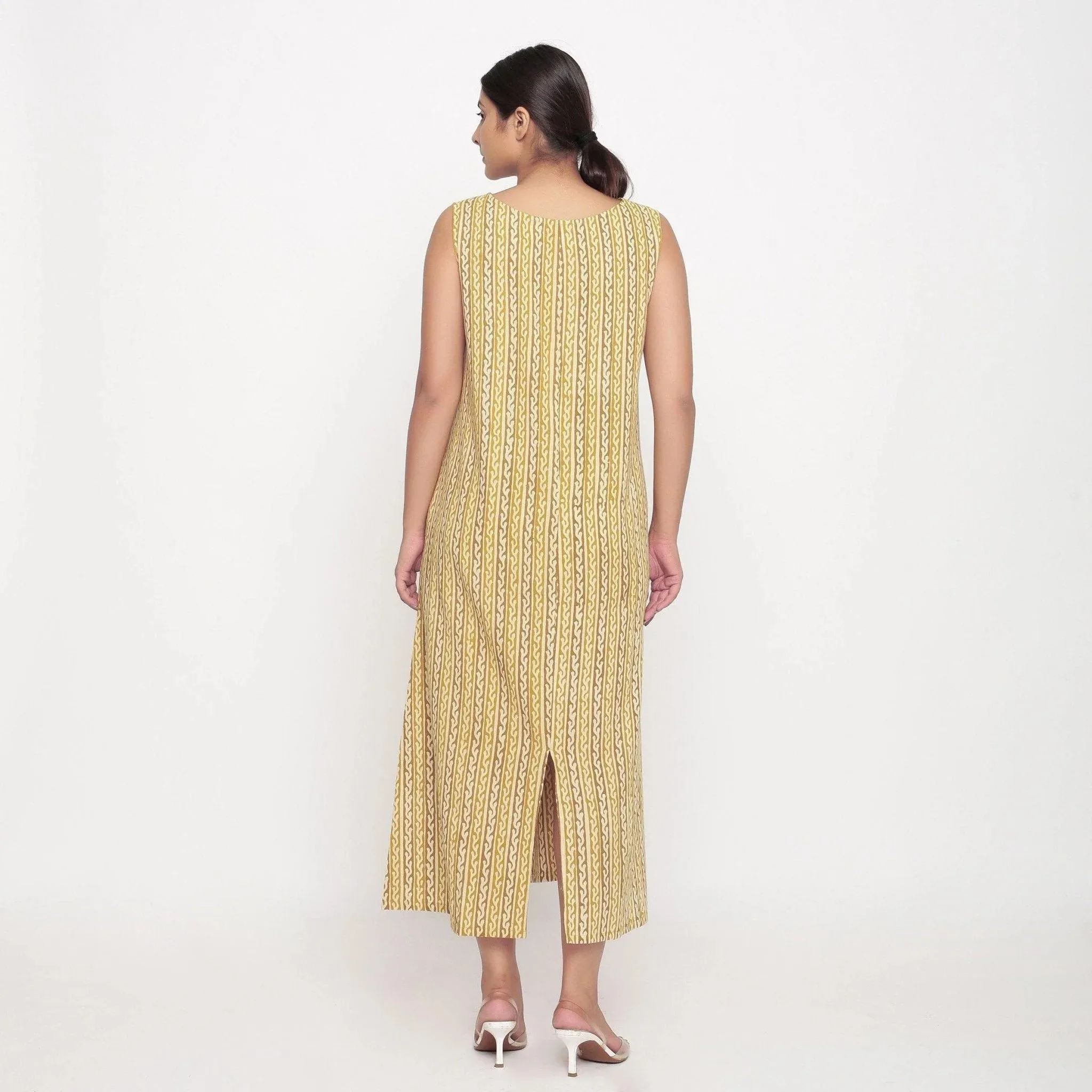 Mustard Block Print Cotton Shift Maxi Dress