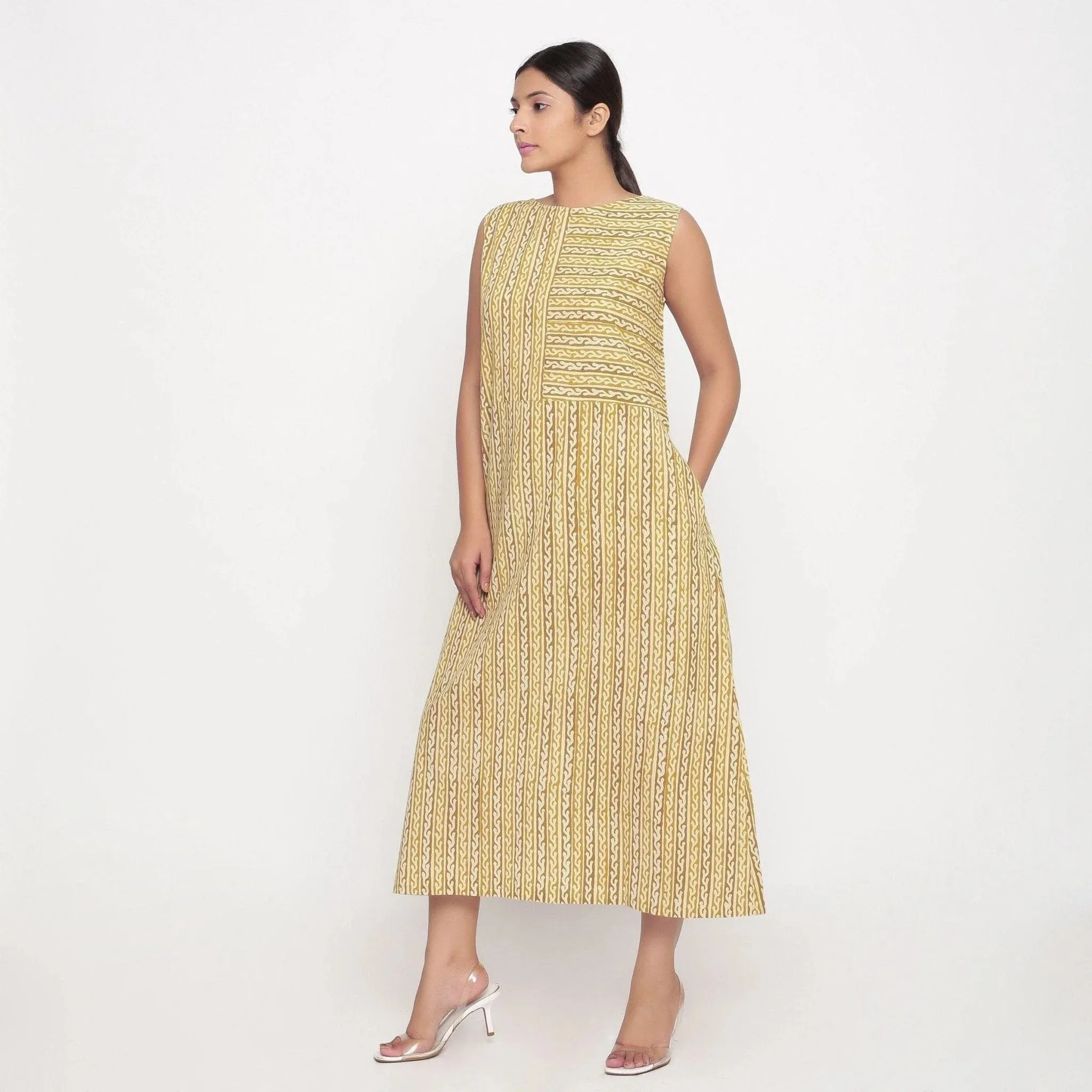 Mustard Block Print Cotton Shift Maxi Dress