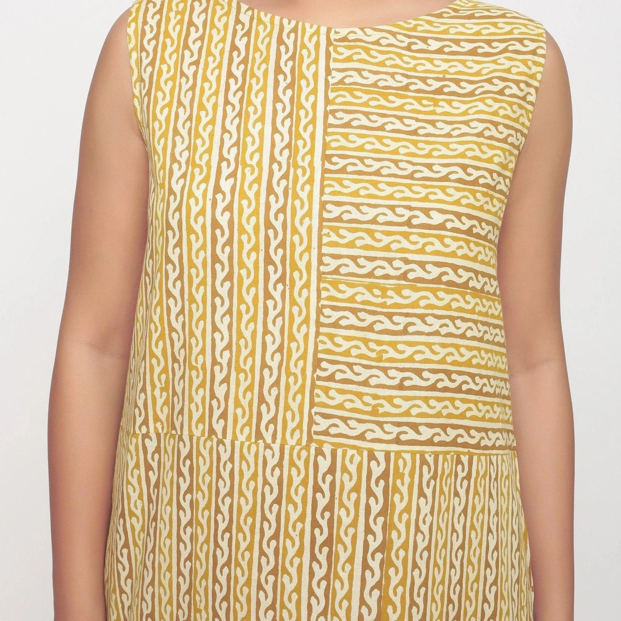 Mustard Block Print Cotton Shift Maxi Dress