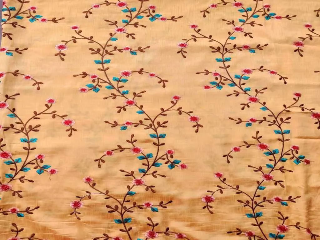 Mustard Heavy Embroidered Floral Taffeta Silk Fabric