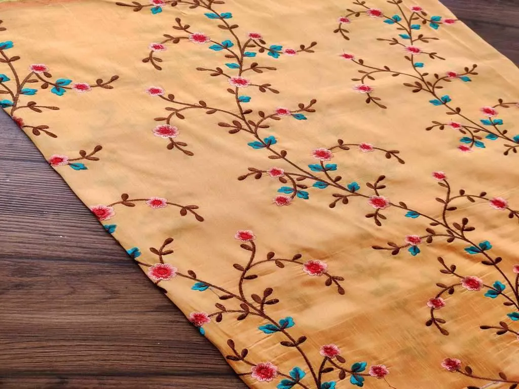 Mustard Heavy Embroidered Floral Taffeta Silk Fabric